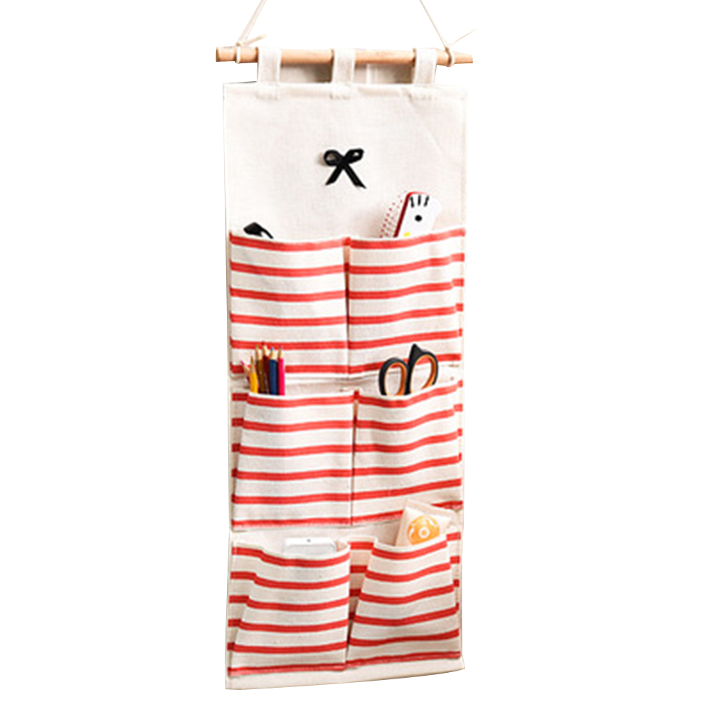 Linen Cotton Fabric Wall Door Cloth Hanging Storage Bag Case 5 Pocket Home  Organizer (White Polka Dots)